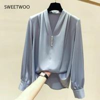 women spring autumn style chiffon blouses shirt women rivet beads long sleeve solid color korean elegant tops
