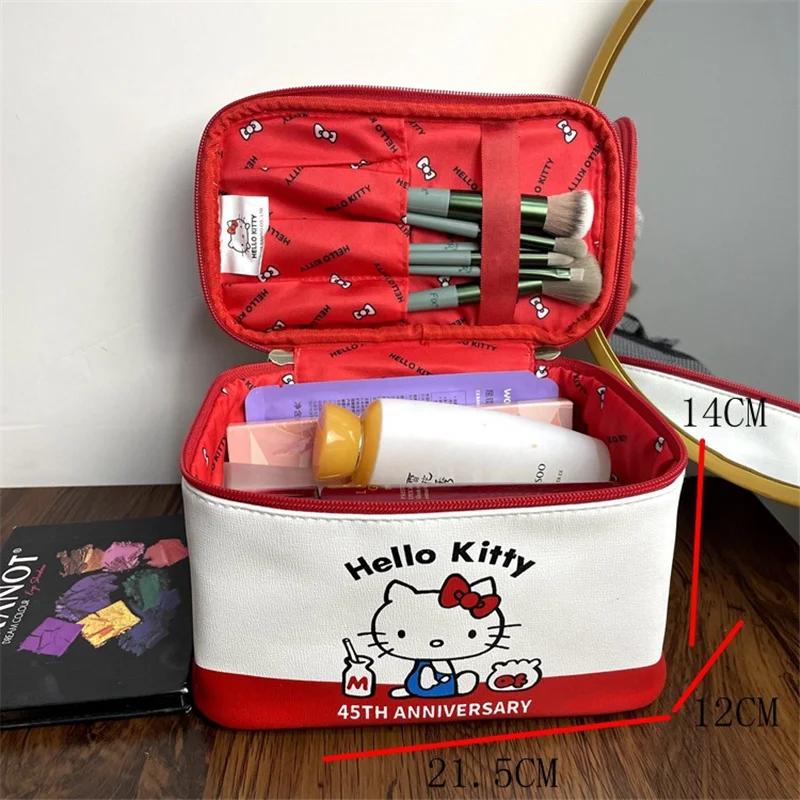 

Красная косметичка Hello Kitty Sanrio Kawaii Ins, простая вместительная кожаная портативная дорожная сумка для хранения, косметичка для ухода за кожей