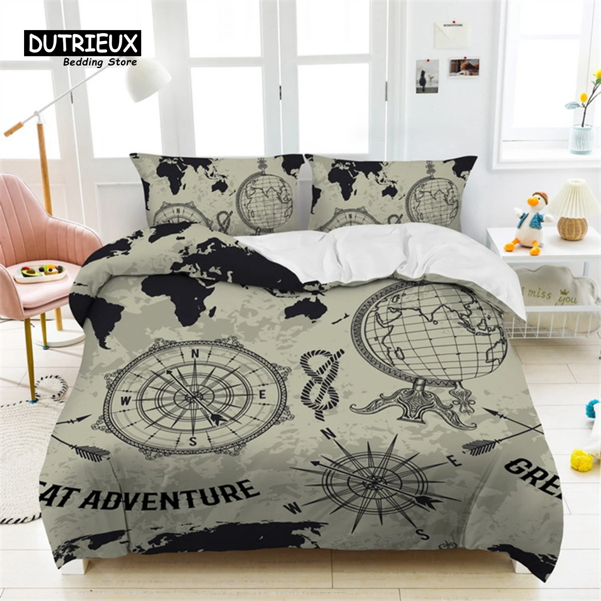 

Nautical Map Duvet Cover Compass Sailboat Print Bedding Set Microfiber Vintage World Map Quilt Cover Twin King For Teens Adults