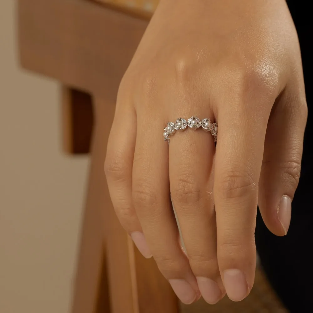 Glowshe Стерлингового Серебра 925 пробы 5А Циркон Жемчуг Цветок Кольцо Банкет