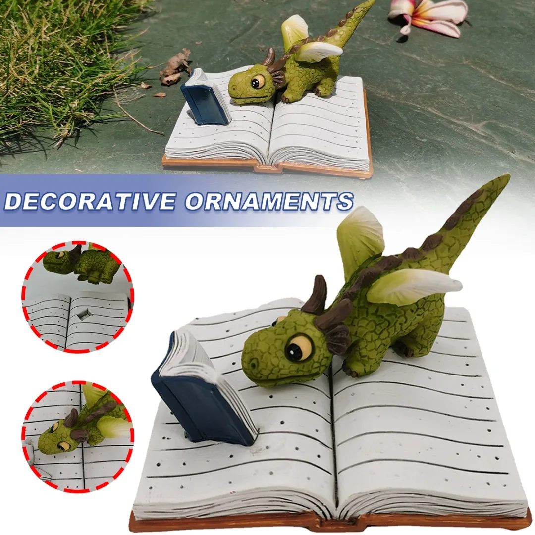 

Mini Dragon Reading Figurine Cute Resin Statue Miniature Collection Miniature DIY Home Gardens Offices Decoration Ornament