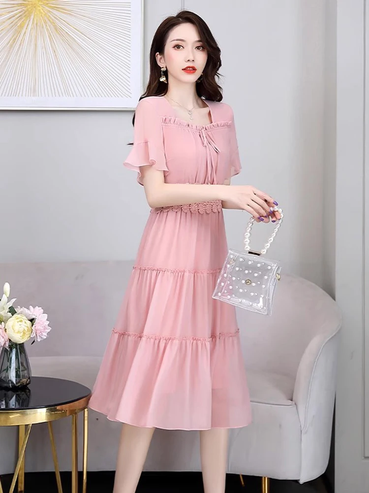 Летние розовые шифоновые платья женские повседневные облегающие элегантные с