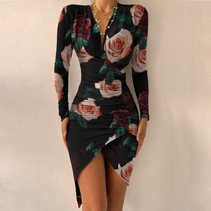 

Women Deep V-neck Sexy Bodycon Dress Spring Autumn Long Sleeve Floral Asymmetric Mini Dresses Slim Split Party Dress Vestidos