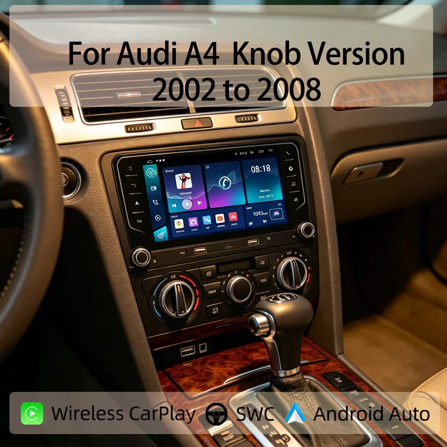 Фото 7-дюймовая Android-магнитола Type-C для Audi A4 (версия с ручкой управления) 2002-2008 гг., беспроводной CarPlay, Android Auto, GPS-навигация, Bluetooth, управление с руля №1