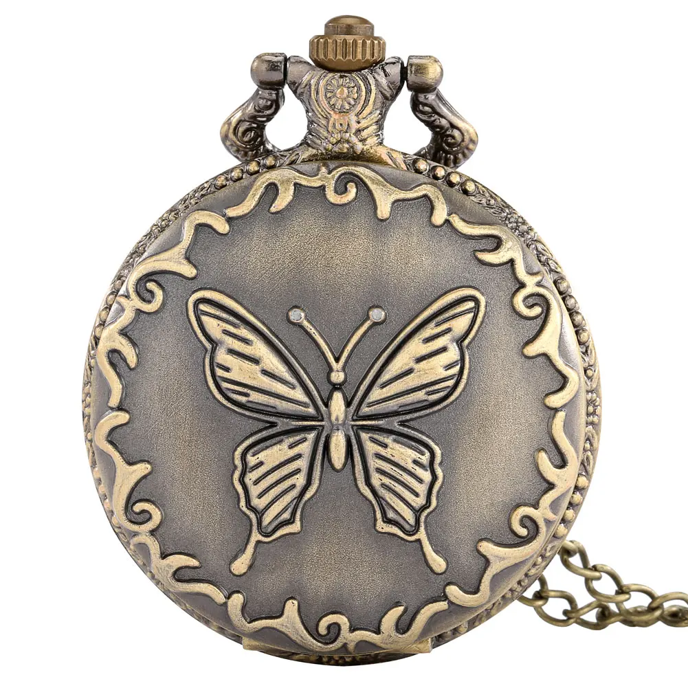 

New Retro Nostalgic Bronze Men's Large Pocket Watch Stereoscopic Butterfly with Slim Chain Unisex Pendant Watches Unique Present