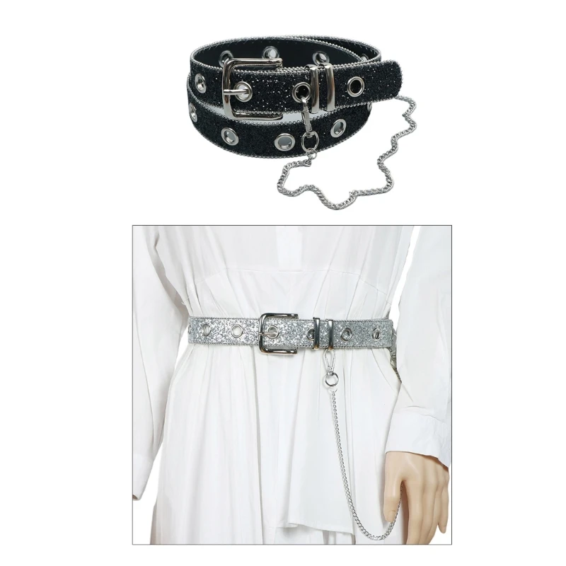 Women Leather Belts Faux Leathers Sparkly Belt 1.3" Wide with Detachable Chain