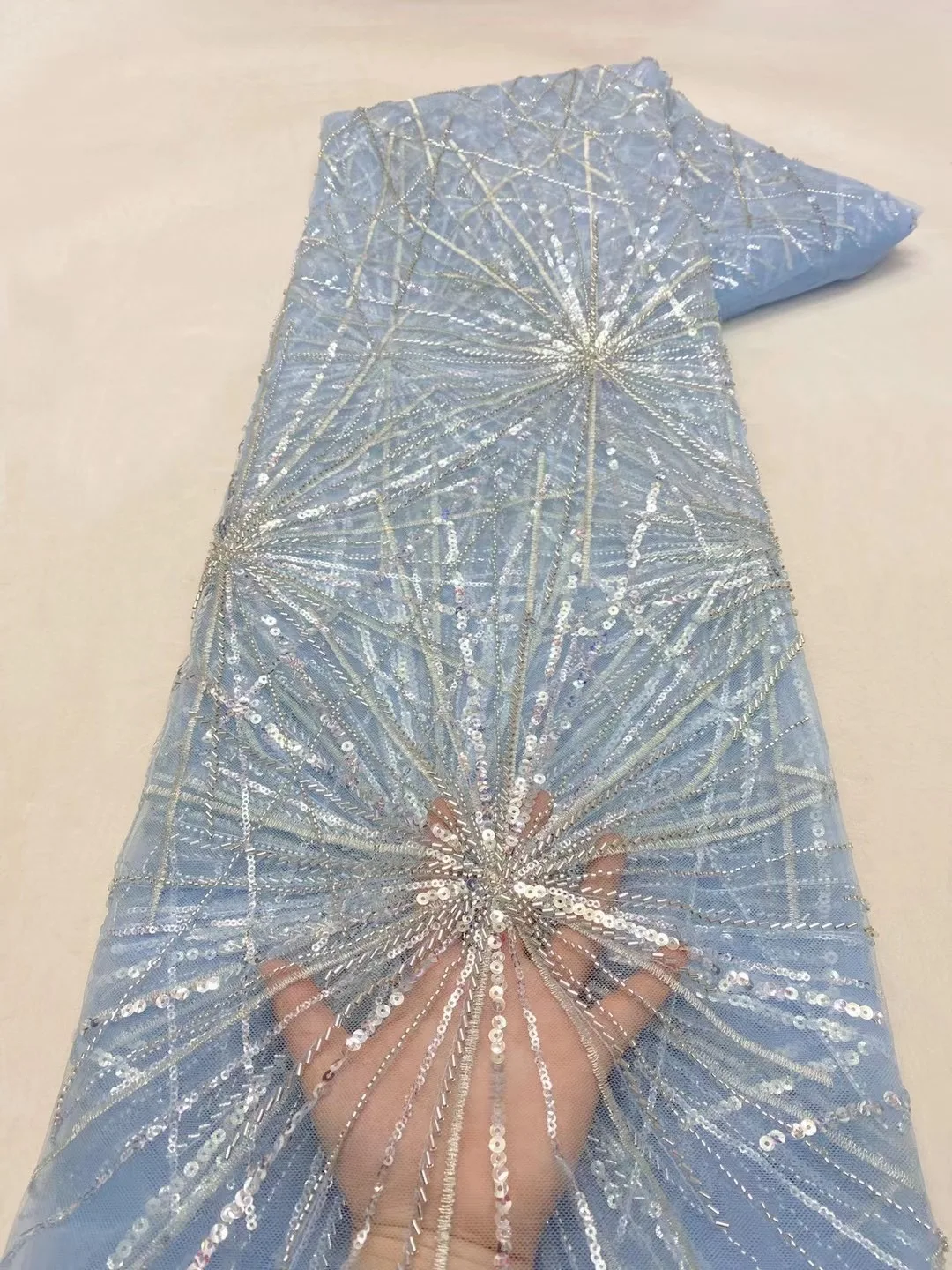 

Nigerian Latest Sky Blue High Quality Handmade French Beaded Tulle Fabric African Sequins Lace Fabric For Wedding Evening Dress