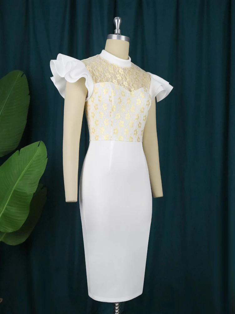 Plus Size Lace Bridesmaid Dresses Luxury Fairycore Patchwork Ruffled Sleeve White Knee Dress Elegant Party Prom Event Outfits