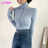 south korea spring 2022 new bodice revealing large t shirt femininity sexy floating collar long sleeve bottom