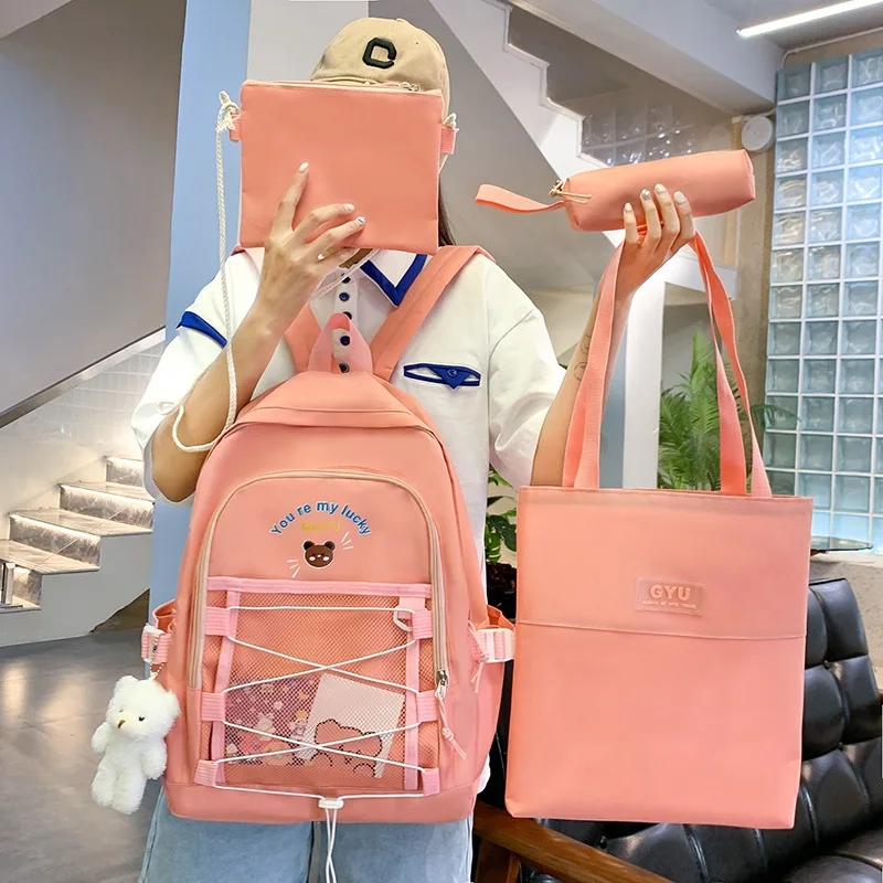 

Qyahlybz kawaii girls backpack cartoon bear schoolbag four piece junior high school backpacks for students