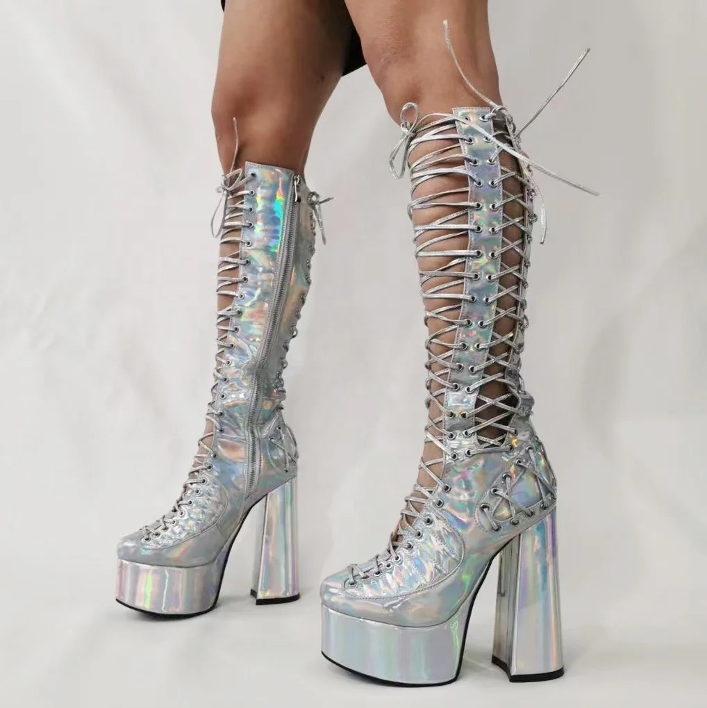 High Quality Closed Round Toe Cross-tied Chunky High Heel Summer Knee High Boots Metallic Silver Hollow Out Side Zip Long Boots