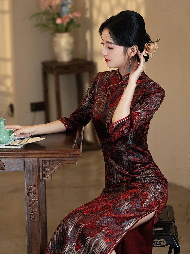 Женское осенне-зимнее бархатное платье Cheongsam традиционное китайское вечернее