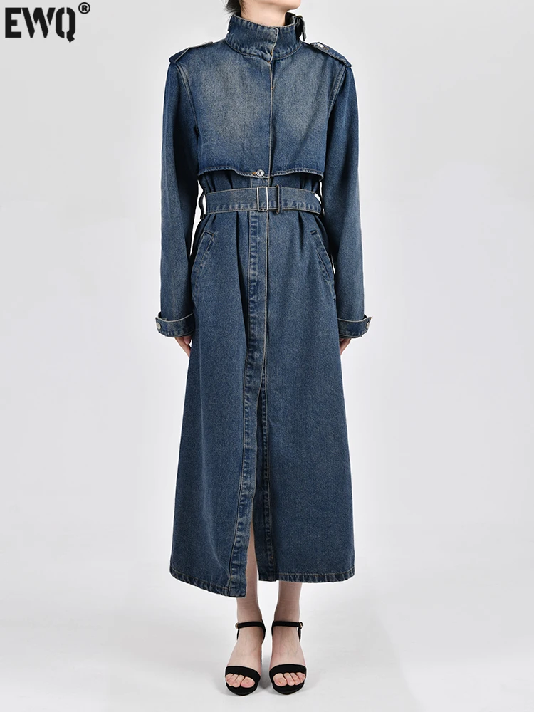 

Женский джинсовый плащ [EWQ], синий плащ-ветровка с длинным рукавом, на шнуровке, с пряжкой, в стиле пэчворк, 6Y2949, Осень-зима 2023