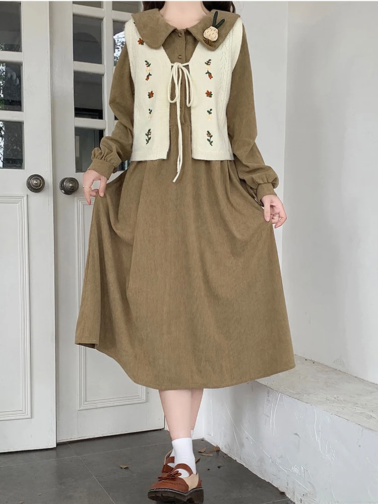 Женское вельветовое платье-рубашка с длинным рукавом и воротником Питер Пэн