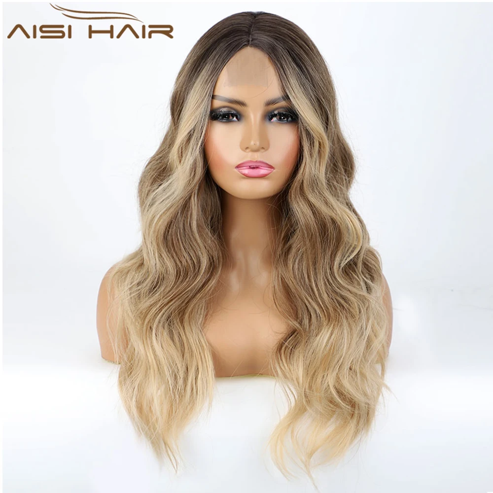 

AISI HAIR Synthetic Ombre Blonde Wig Long Wavy Middle Part Wigs for Women Natural High Temperature Fiber Party Daily Hair