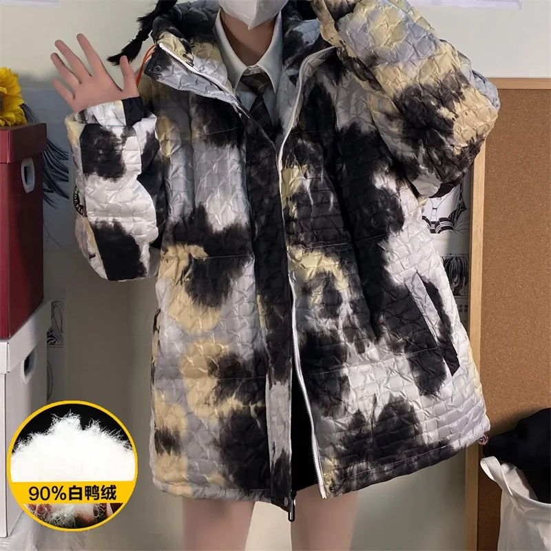 Mens Tie Dye Print Duck Down Puffer Jacket for Winter Fashion Trends Warm Clothes Couple Oversized Hooded Bubble Coat Streetwear