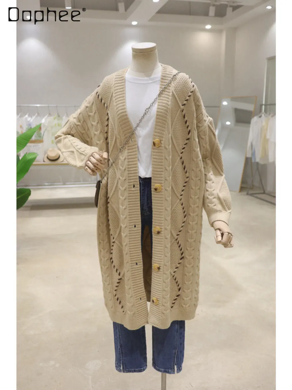 Fashionable Korean Style Rhombus Solid Color Knitted Coat Women Autumn Winter Loose All-Match Mid-Length Thick Sweater Cardigan