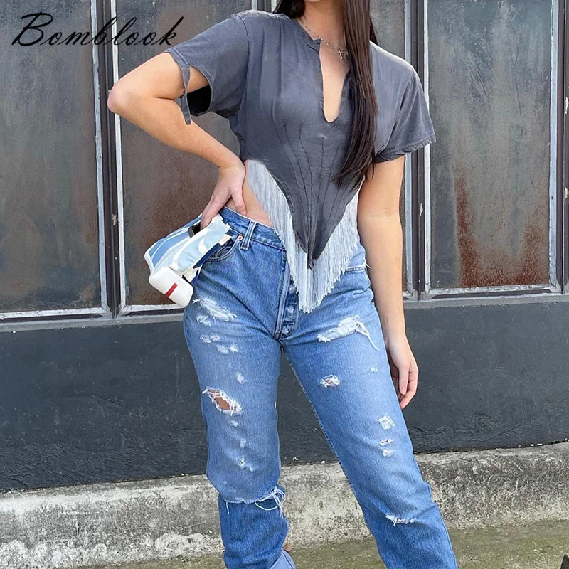 

Bomblook K22TP128 2022 New Women's Short Sleeve Round Neck Shirt Tassel Casual T-Shirt Female's Mid Length