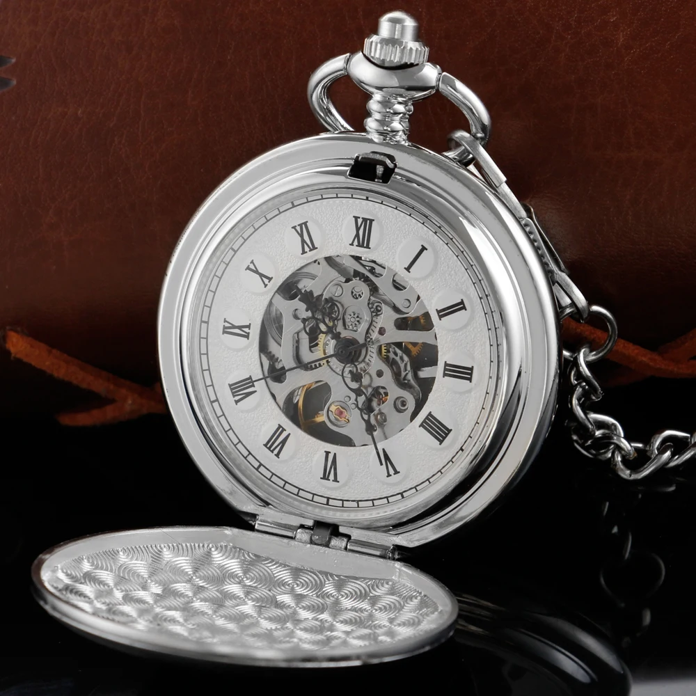 Silver Matte Texture Hollow Digital Steampunk Mechanical Pocket Watch Retro Gentleman Analog Signal Clock Lady Jewelry Gift