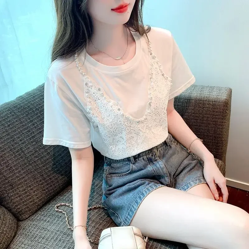 Лето 2023 новый пуловер с круглым вырезом футболка из двух частей иллюзия