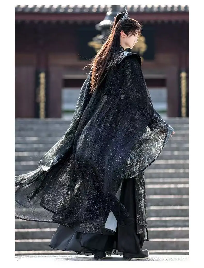 Фото Темно-черный король Hanfu, мужская одежда в традиционном китайском стиле, древний крестовый воротник, халат с большими рукавами, костюмы для косплея из комиксов №2