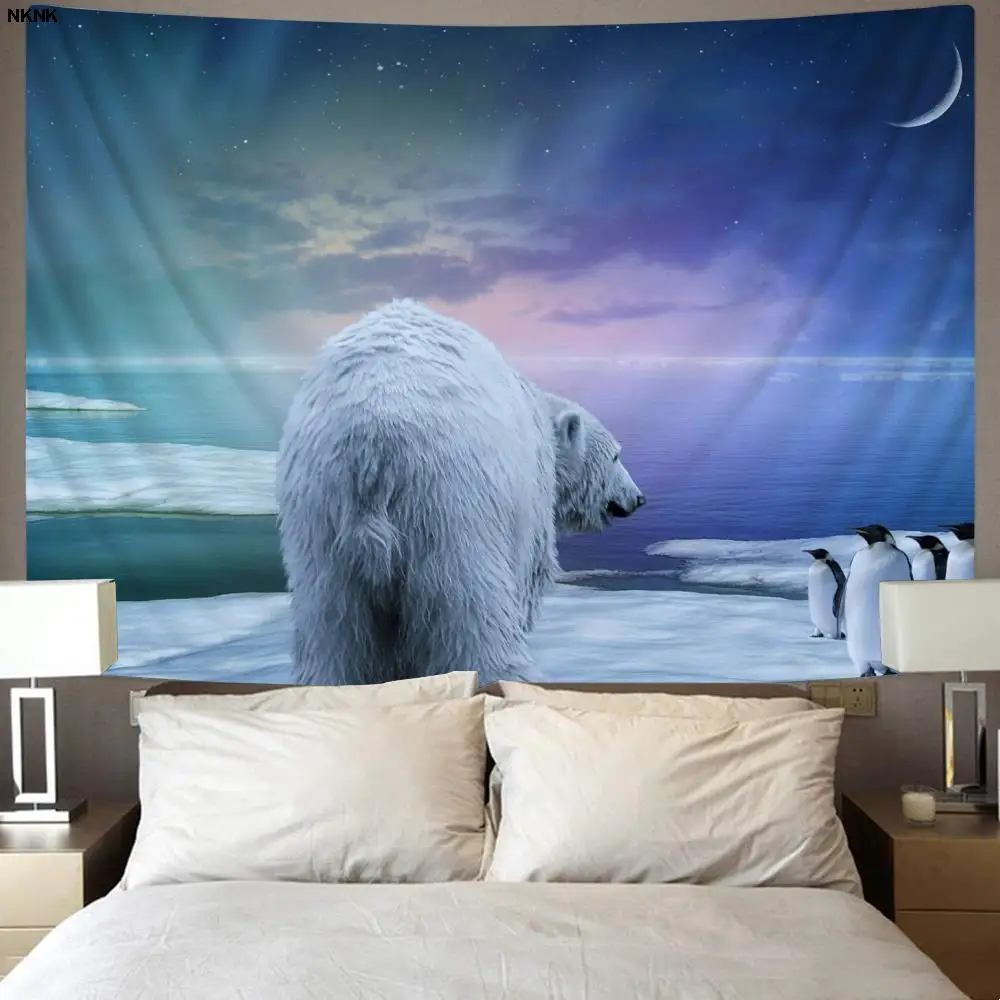 Фото NKNK бренда Aurora Tapiz с северным светом, 3D-печать, рисунок в стиле Триппи, мандала, белый медведь, гобелены, пингвин, домашний декор №4