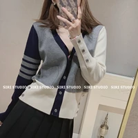 tb knitted cardigan sweater with womens spring and autumn college style four bar retro lazy v neck color blocking top coat