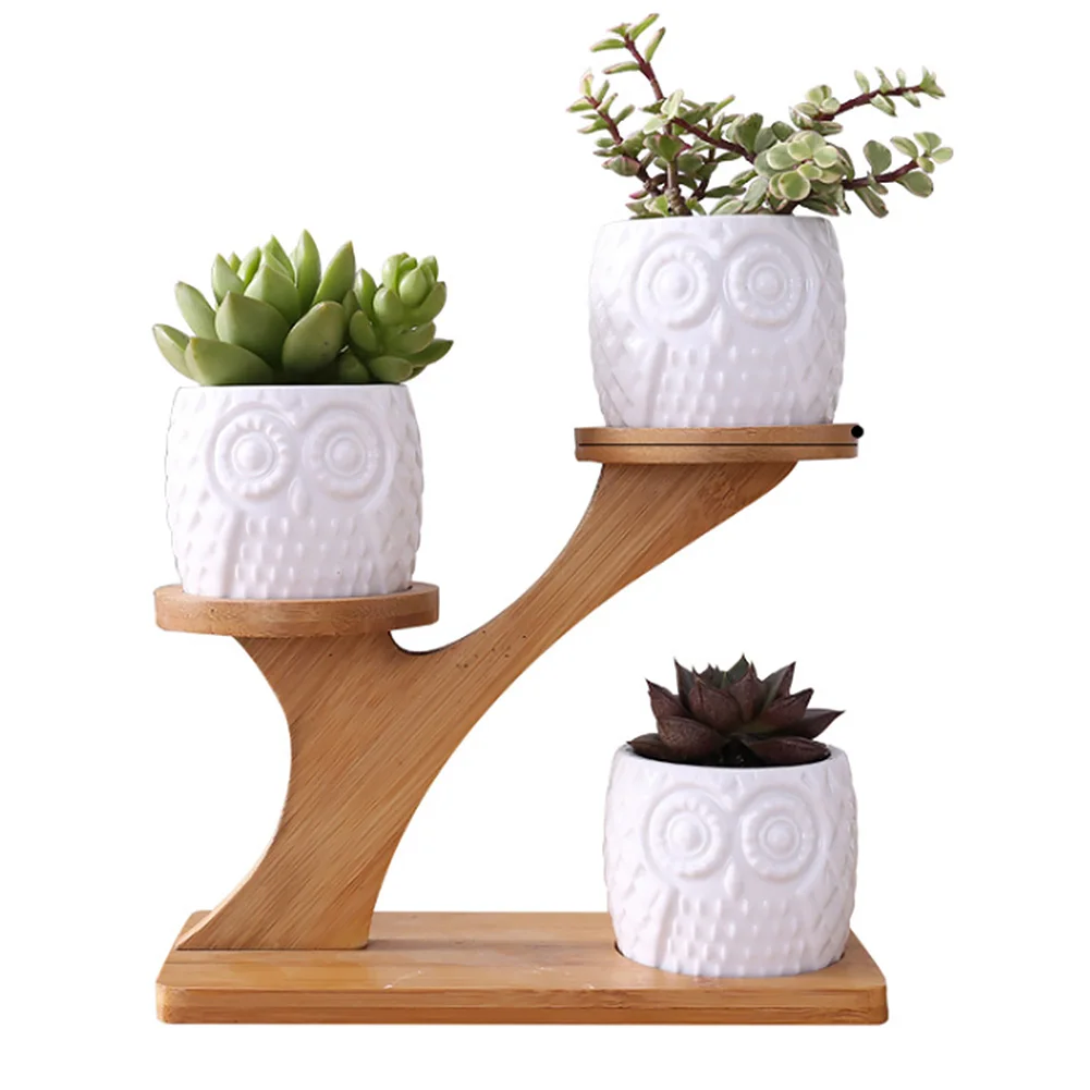 

3pcs 3 Tier With Bamboo Holder Space Saving Home Garden Office Desk Saucers Stand Pot Set Tidy Owl Shape Ceramic Wear Resistant