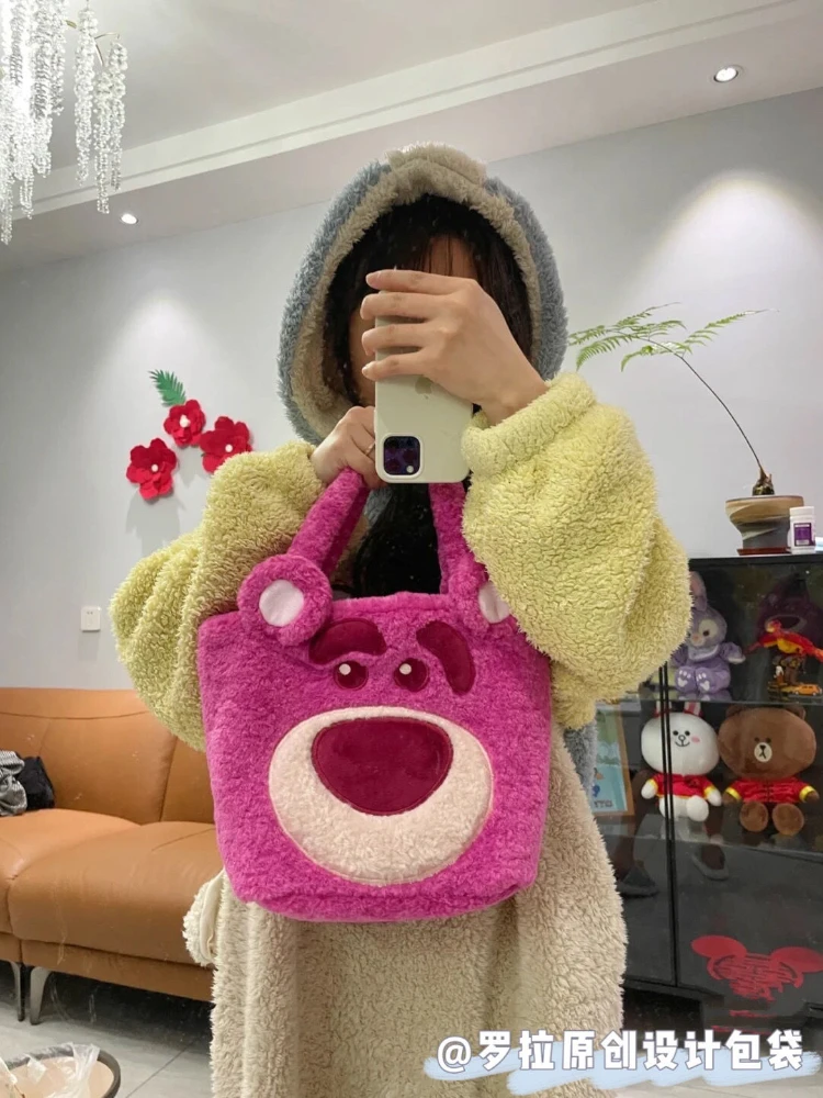 Disney Three-Eyed Strawberry Bear Girl Plush Large Capacity Soft Cartoon Zipper Handle Bag Going Out Light Zipper Tote Bag