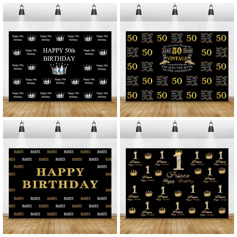 

Laeacco Aged 50 Years Gold Celebrate Birthday Party Background Portrait Personalized Poster Photographic Backdrop Photo Studio