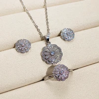 fashion cubic zirconia round flower stud earrings necklace rings for women wedding engagement party female accessories set