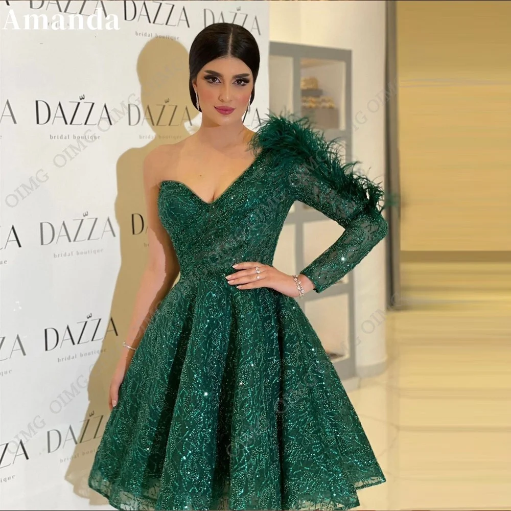 

Amanda Dark Green Lace Applique Prom Dress One Shoulder Flared فساتين مناسبة حسب الطلب Luxury Glitters vestidos de festa