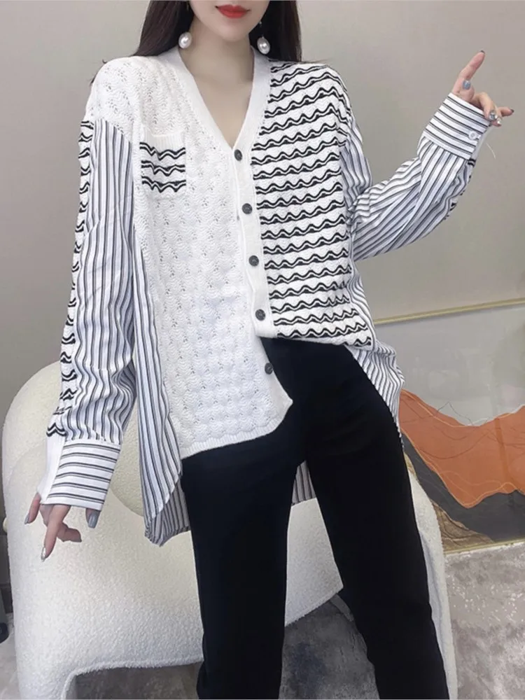 

Womens V-neck Cardigan Striped Long Sleeve Autumn Spring Female Patchwork Clothes Irregular Kintted Casual Women Top