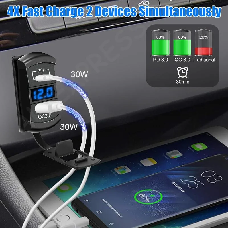 Фото Новый USB-переключатель-кнопка 54W с зарядным портом USB-C и водонепроницаемой крышкой, поддержка PD и QC3.0, 12В/24В, LED-вольтметр для морских судов, автофургонов и транспортных средств №3