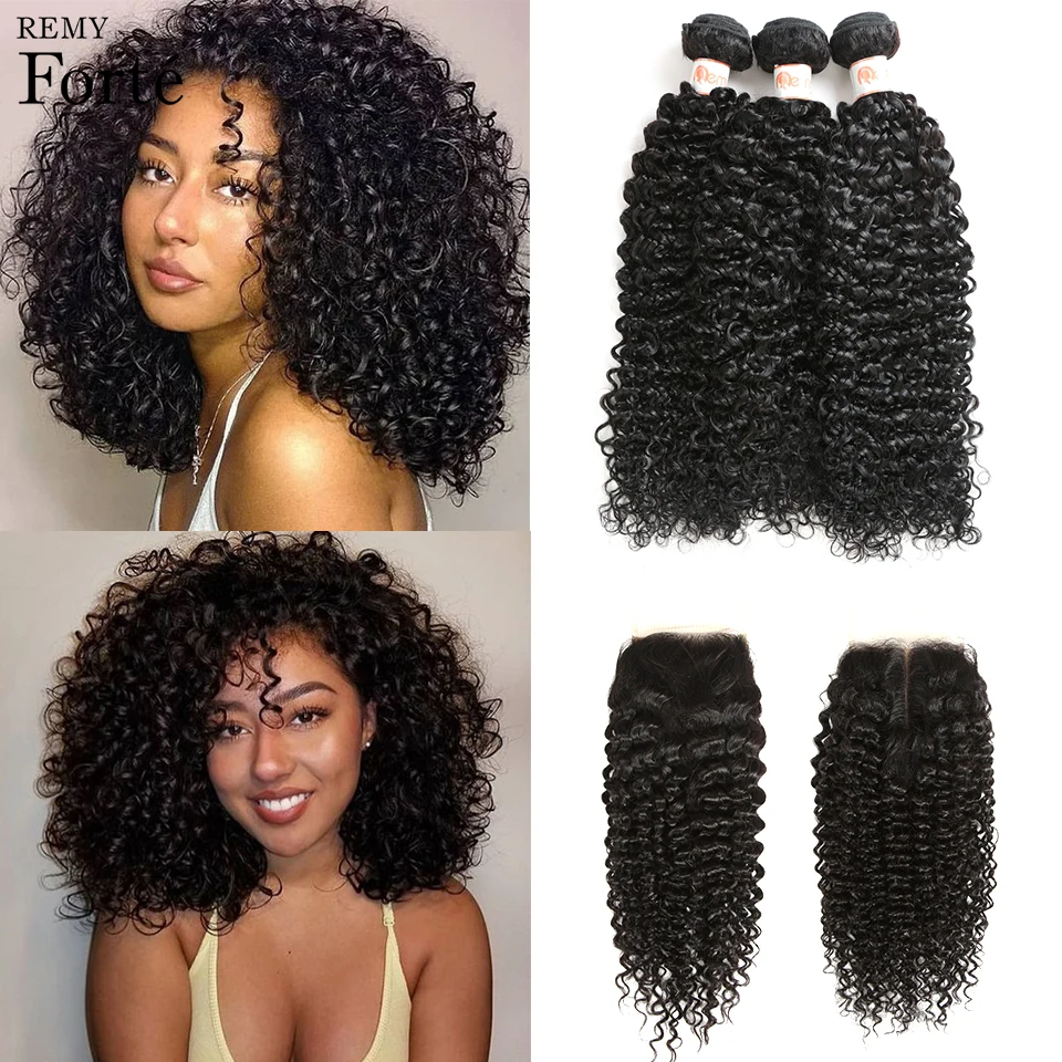 Remy Forte Curly Bundles With Closure 10-30 Inch Remy Brazilian Hair Weave Bundles 3/4 Kinky Curly Bundles With Closure Fast USA