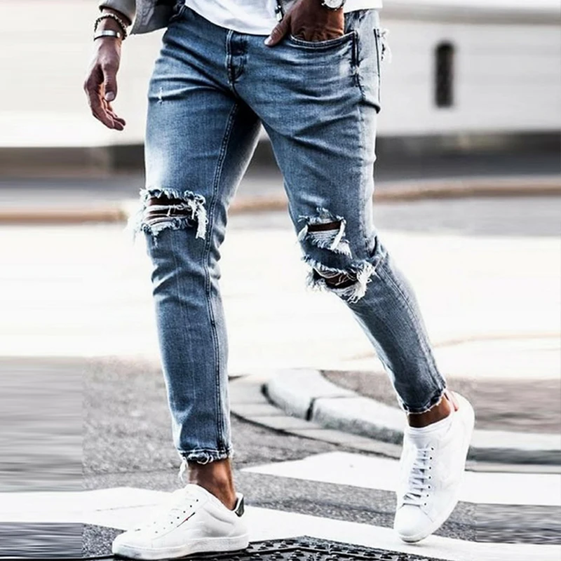 Men's Fashion Ripped Jeans Slim Fit Classic Black Blue Clothing Pants High Quality Stretch Skinny Pencil Pants Calça Masculina