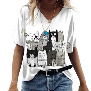 2023 Summer Ladies T-Shirts Short Sleeve Tops Cat Graphic O-Neck Oversized Clothing Casual Y2k Streetwear New Women's Shirt Tees 2