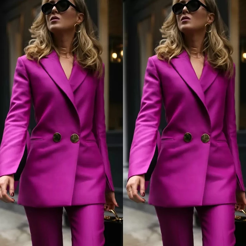 Women's Suit Double Breasted Jacket 2 Piece Purple Blazer Pants Formal Business Office Lady Work Wear  Outfit