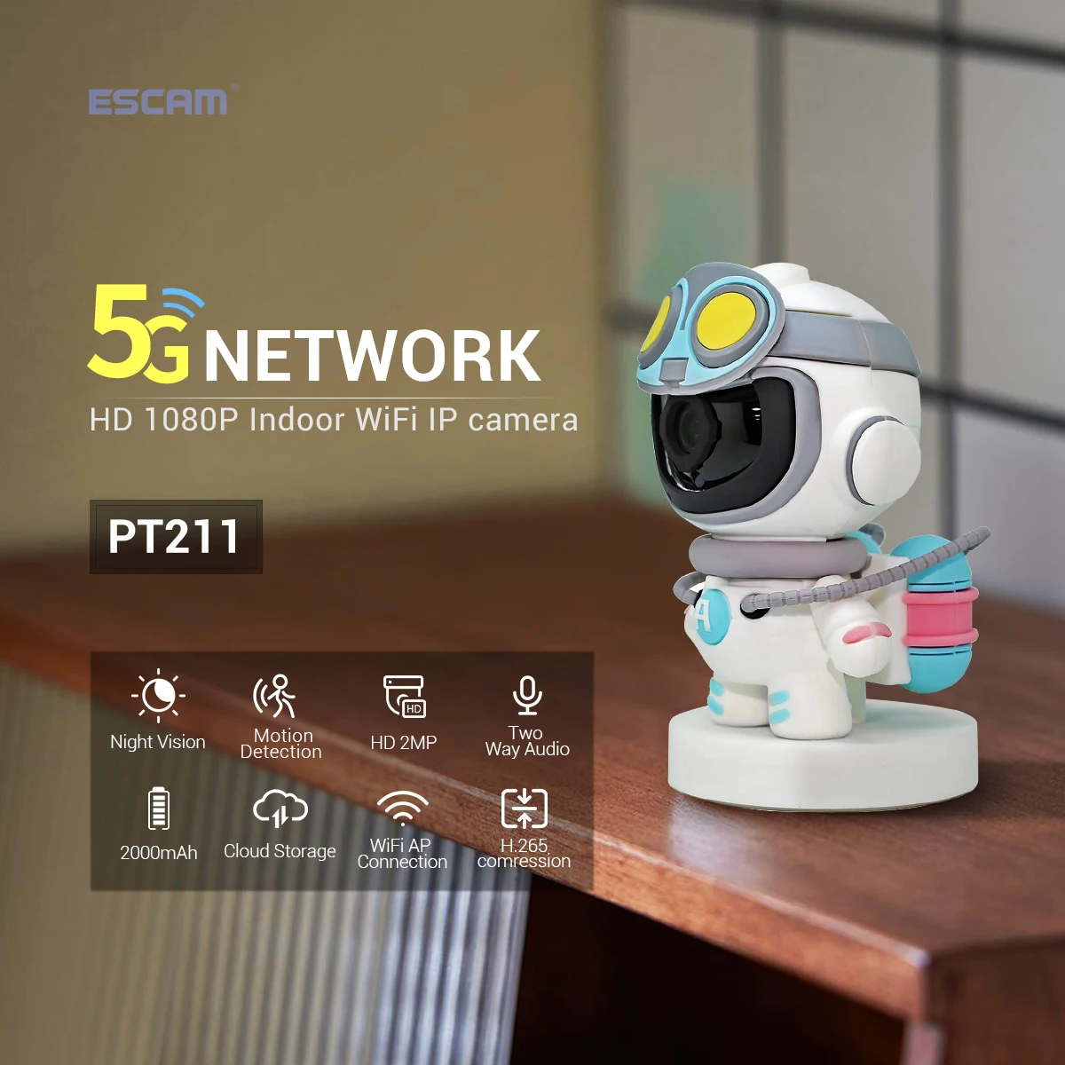 ESCAM PT211 2MP1080P Yoosee APP 2.4G&5G Dual Band WIFI PTZ Battery Power Intercom IP Camera Robot Man Security CCTV Baby Monitor