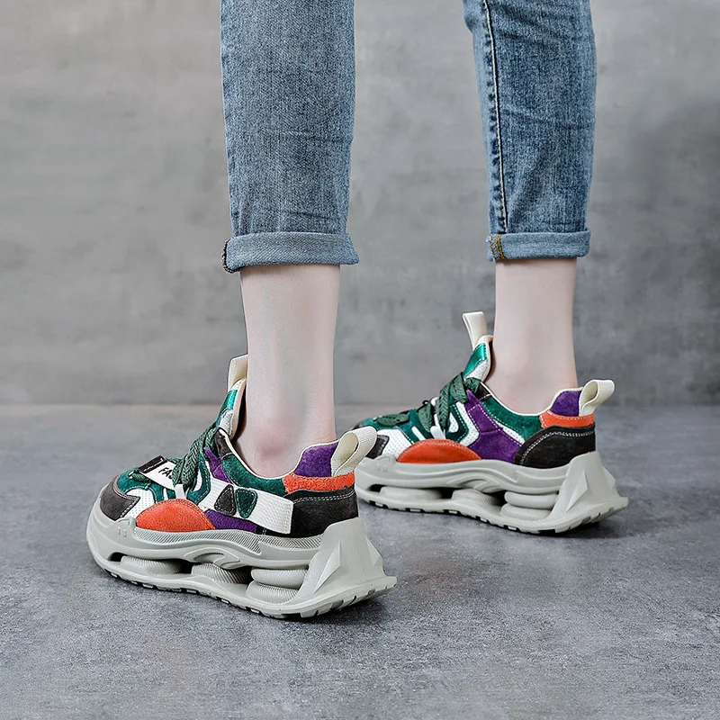 Autuspin Handmade Genuine Leather Women Sneakers Spring Summer Outdoor Leisure Students Lace-Up Sports Shoes Office Lady Size 40