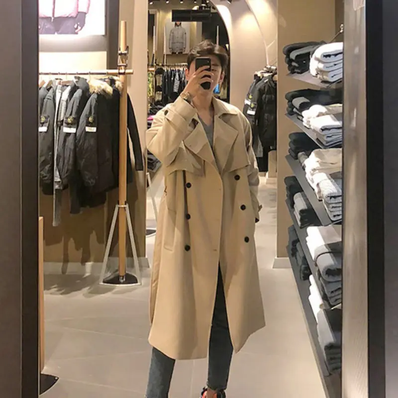 

2023 New Fashion Men Solid Slim Trench Coat England Style Long Jacket Overcoat Single Breasted with Sashes Party Wear W91