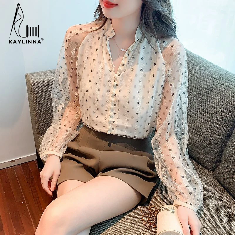 KAYLINNA Women's Elegant Blouses Luxury Women's Social Blouse Fashion Woman Blouses Button Polka Dot Shirts Tops Casual Shirt