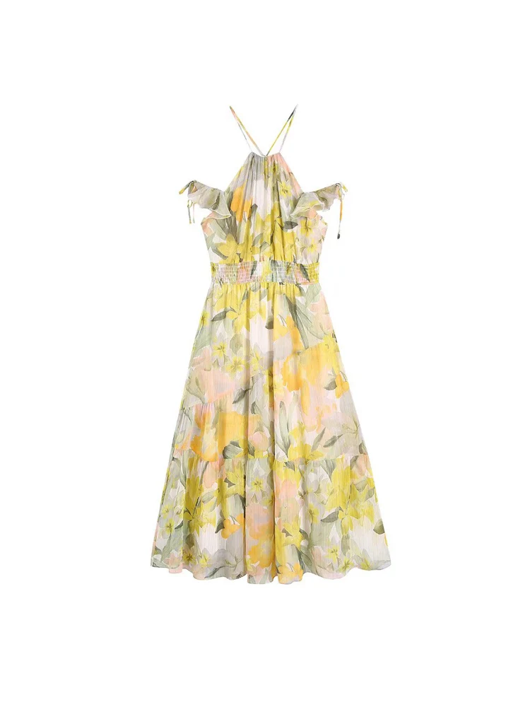 

2022 Summer Women Vintage MIDI Dress Floral Print Halter Off the Shoulder Female Elegant Chiffon A-Line Dresses Vestidos