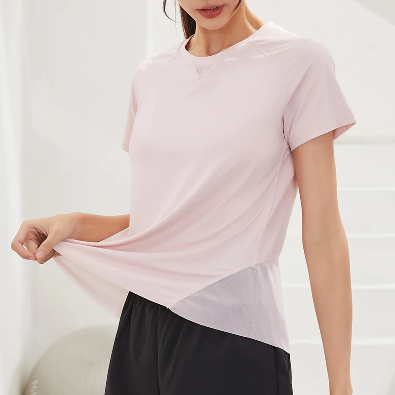 Women Mesh Patchwork Breathable Sports Shirts Mesh Yoga Nylon Soft Tops Fitness Short Sleeve Gym Workout Running Loose T-Shirts