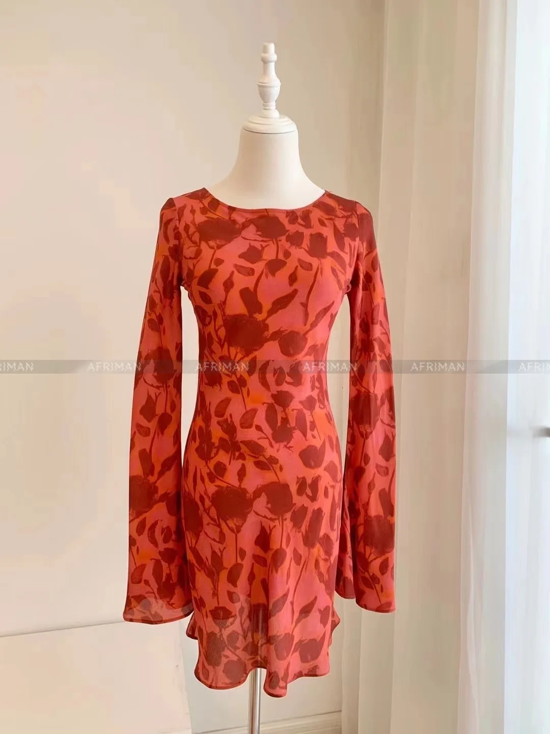 

Women O Neck Long Sleeve Red Flower Print 100% Silk Short Dress
