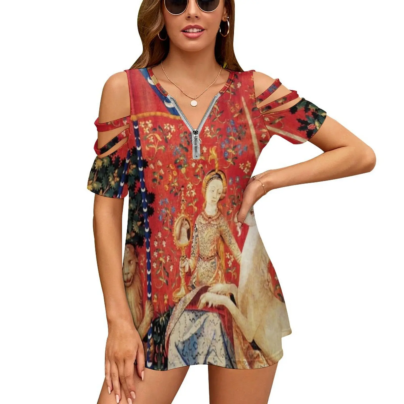 

Lady And Unicorn , Sight Red Green Fantasy Flowers , Animals Women'S T-Shirt New Fashion Printed Zipper V-Neck Short Sleeve T