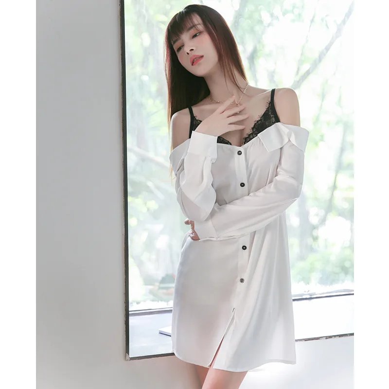 

Новинка Осенняя ночная рубашка женский кардиган женская ночная рубашка кружевная пикантная с открытыми плечами длинным рукавом однотонное спальное Платье домашнее платье