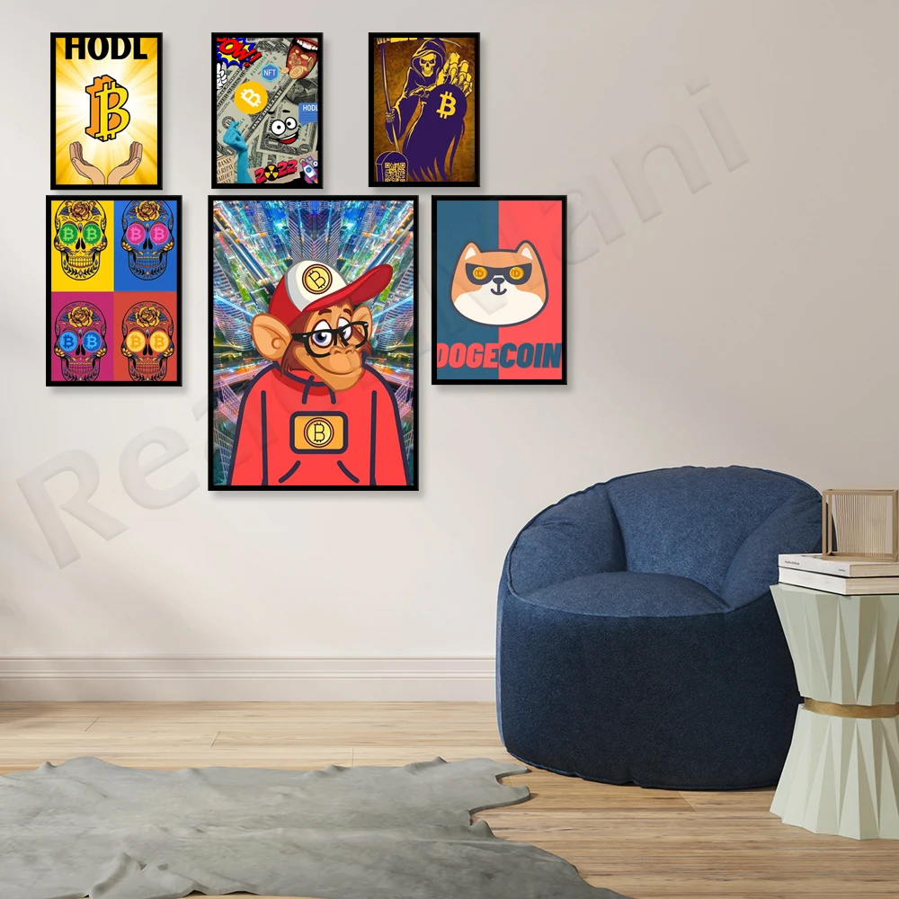 Криптовалюта Ethereum Bitcoin Run Btc Bull Trader Kanvas Lukisan Плакат Kantor Dekorasi Cetak Nordik Rumah Ruang Tamu Seni Din