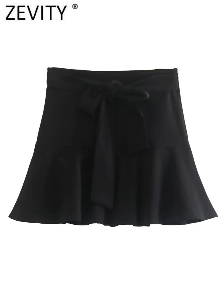 

ZEVITY Women Sweet Bow Tied Hem Ruffles Black Shorts Skirts Lady Side Zipper Casual Slim Hot Shorts Chic Pantalone Cortos P3547