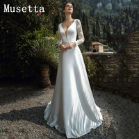 musetta deep v neck wedding dress lace appliques full sleeves backless bridal gown bow satin floor length 2022 custom made
